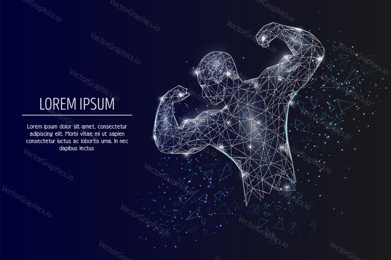 Vector polygonal art style bodybuilder showing his muscles. Low poly wireframe mesh with scattered particles and light effects on dark blue background. Sport poster banner template with copy space.