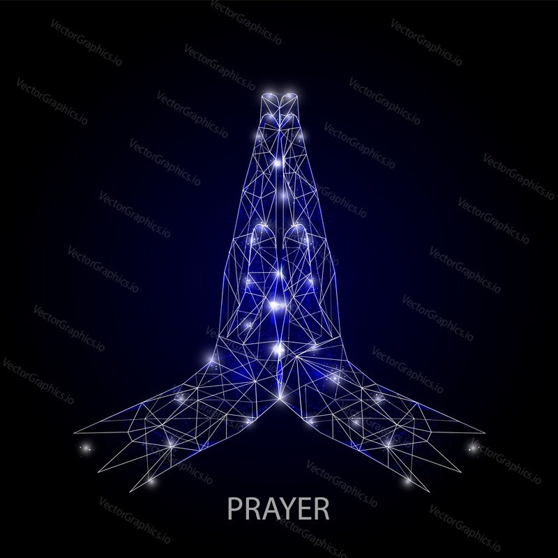 Vector polygonal art style praying hands. Low poly wireframe mesh with scattered particles and light effects on dark blue background. Greeting card poster banner template.