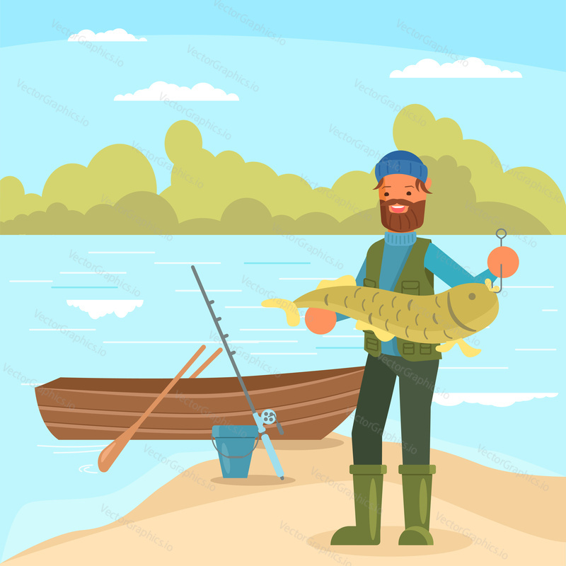 Bearded man holding big fish. Vector illustration in flat style. Fishing hobby concept design element.