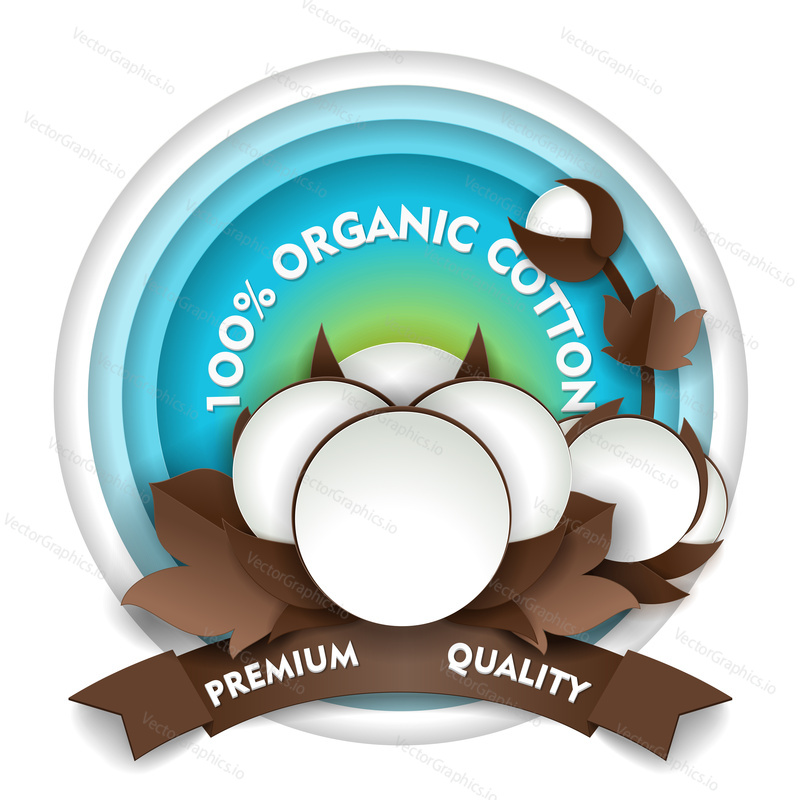 Natural organic premium quality cotton paper cut emblem, logo, sticker, label. Vector illustration in paper art style.