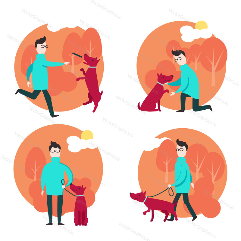 Man walking and training his dog. Vector illustration in flat style. Dog walker, dog owner poster banner design templates.