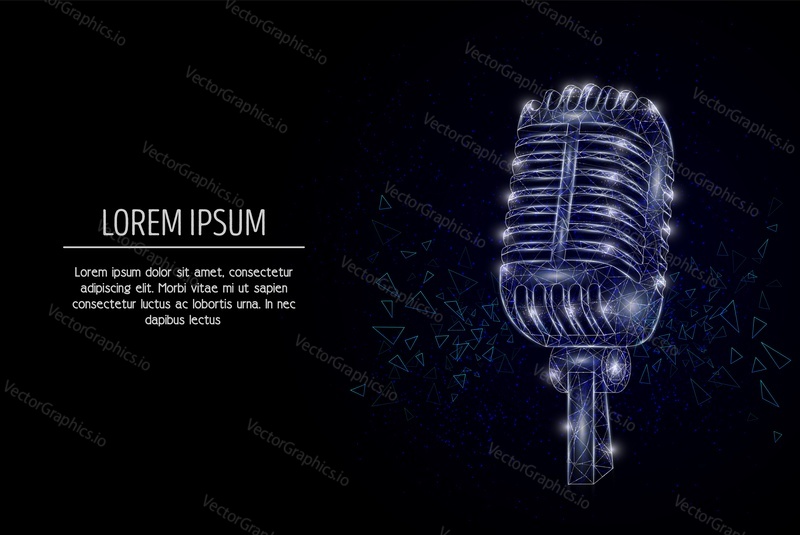 Music microphone low poly wireframe mesh made of points, lines and shapes. Vector polygonal art style design. Music poster banner template with copy space.