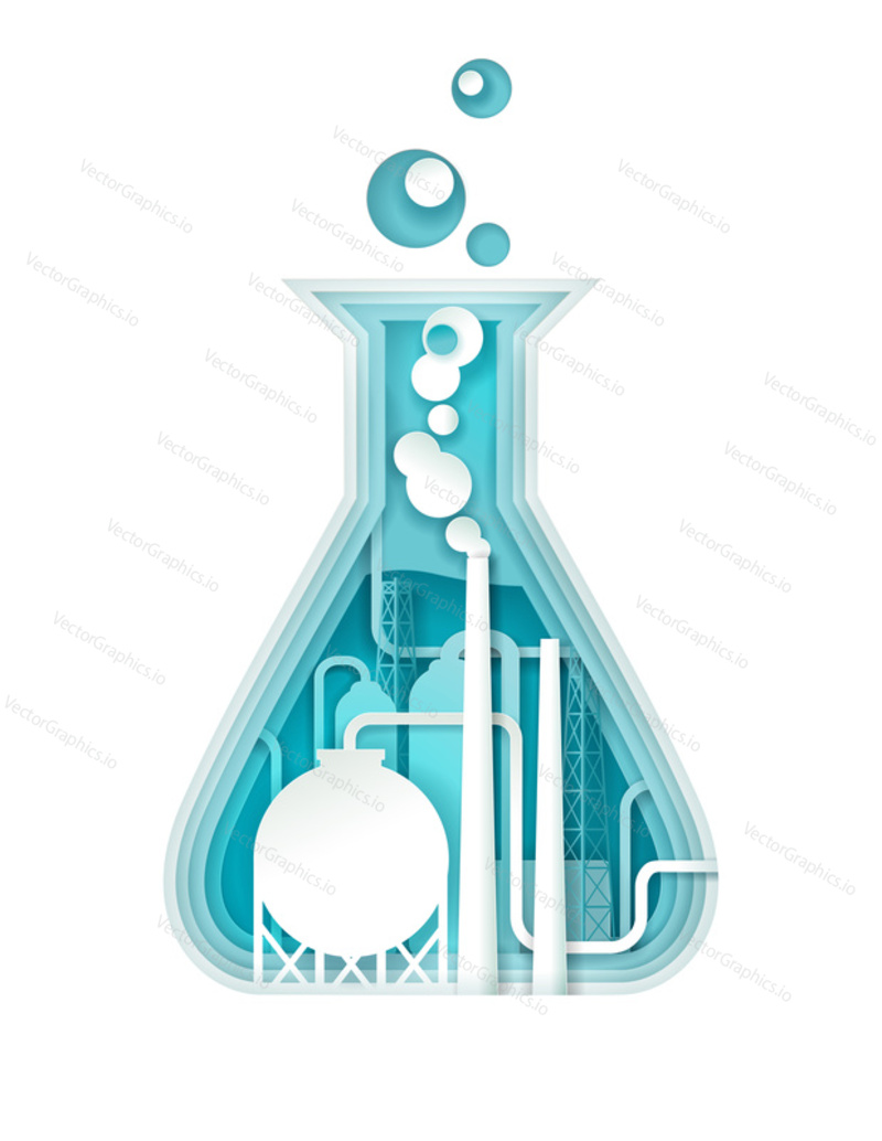 Chemical industry poster banner template. Vector illustration in paper art style. Chemical plant pipes with huge cloud of acid inside of chemical lab flask.