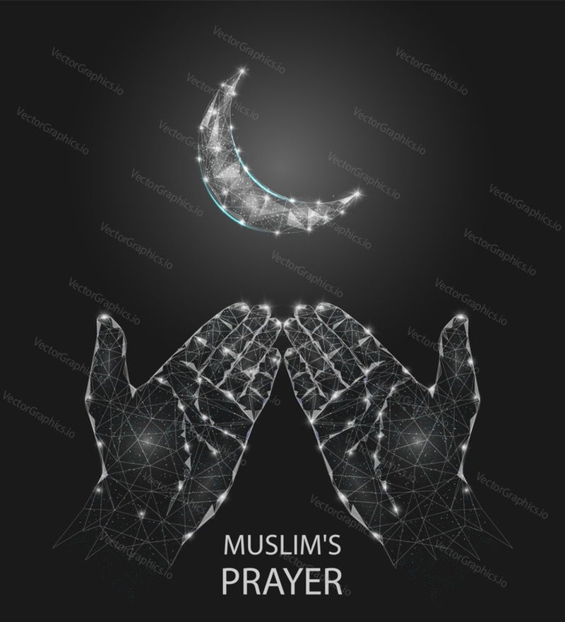 Vector polygonal art style muslim prayer hands with moon. Low poly wireframe mesh with scattered particles and light effects on grey background. Greeting card poster banner template.