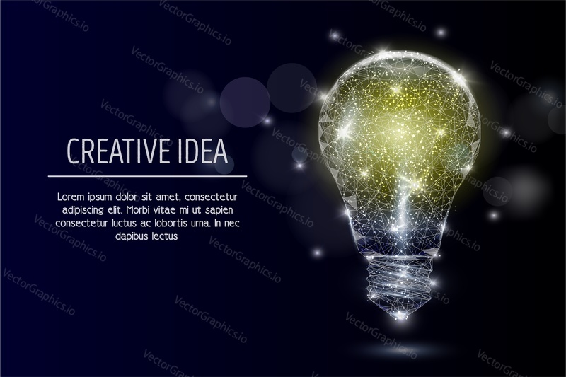 Vector polygonal art style electric light bulb. Low poly wireframe mesh with scattered particles and light effects on dark blue background. Creative idea concept poster banner template with copy space