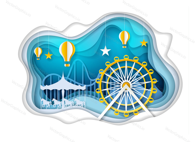 Amusement park with ferris wheel, carousel and hot air balloons. Vector illustration in paper art style. Theme park poster, banner design template.