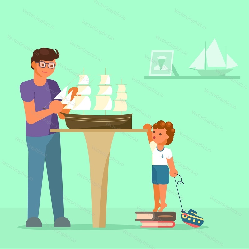Father making model of sailboat and his son watching him. Vector illustration in flat style. Scale model building, model ships hobby concept design element