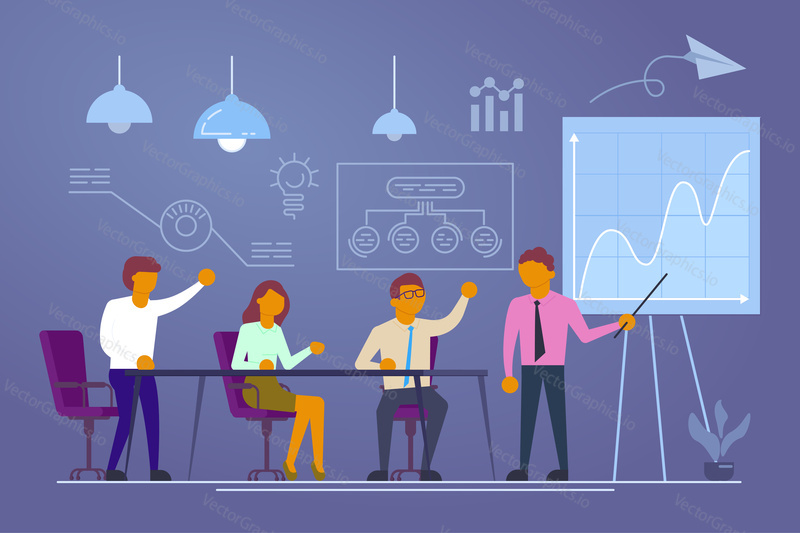 Business conference concept vector illustration. Businessman pointing at graph on whiteboard giving presentation to business people sitting at conference table. Flat style design.