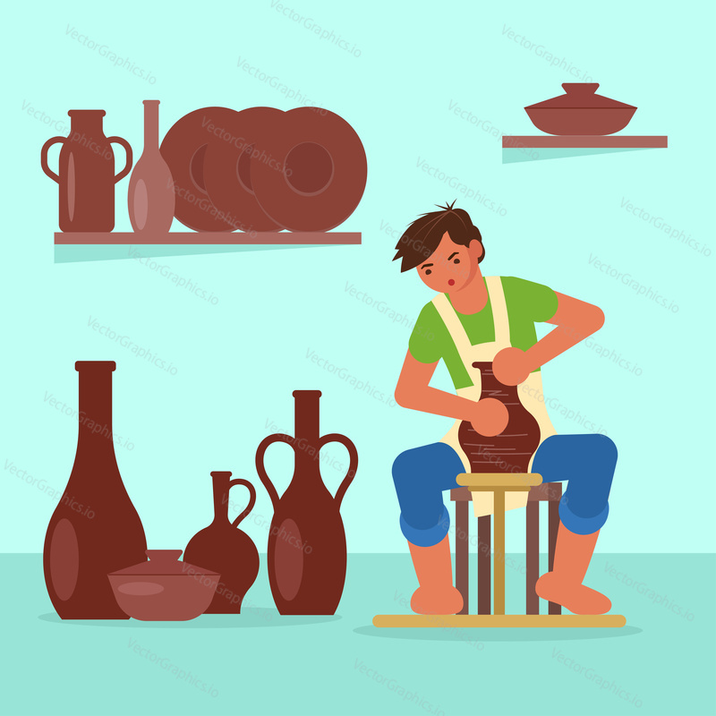 Young potter making clay pot on pottery wheel at pottery workshop or studio. Vector illustration in flat style. Craft hobby and handmade ceramics concept design element.