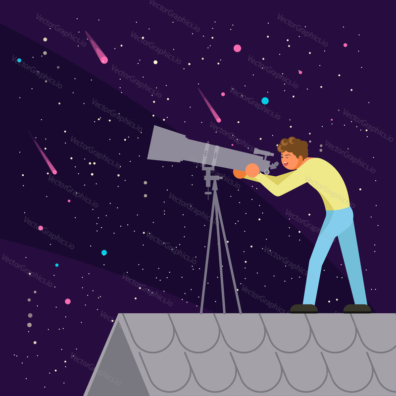Young man watching through telescope at night sky while standing on the roof of house. Vector illustration in flat style. Astronomy hobby concept design element.