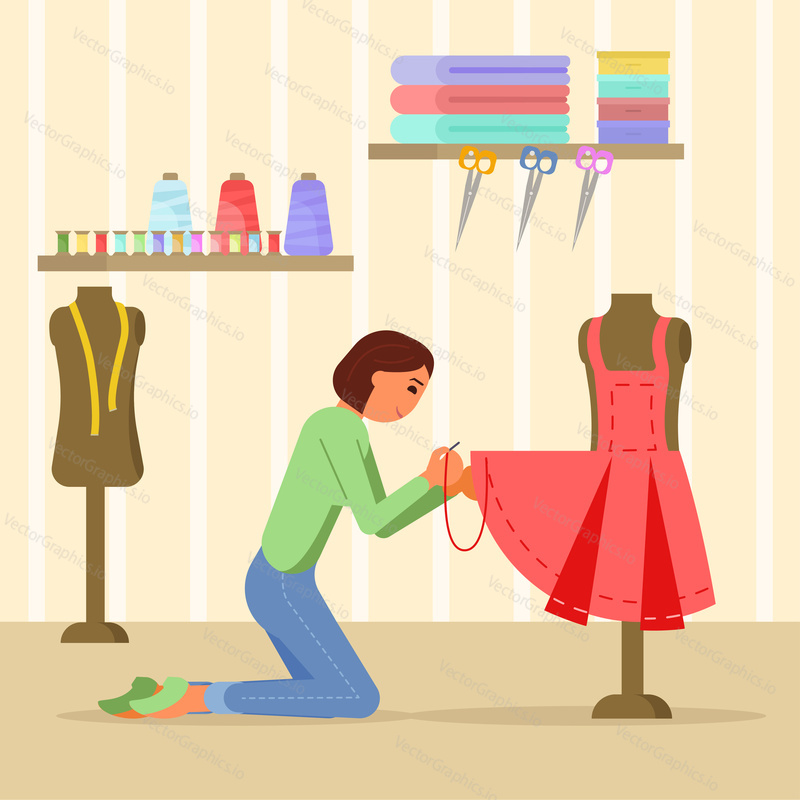 Woman seamstress sewing red dress. Vector illustration in flat style. Craft hobby concept.