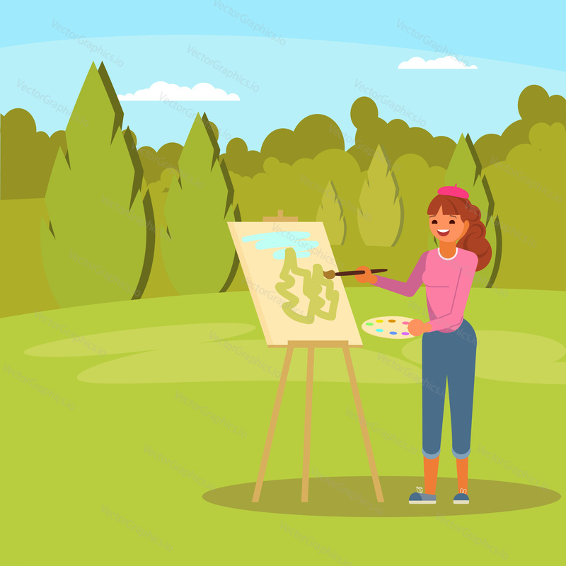 Beautiful artist young woman painting green trees on canvas in park. Vector illustration in flat style. Hobby and painting art concept design element.