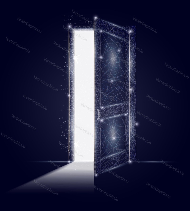 Vector polygonal art style open door. Low poly wireframe mesh with scattered particles and light effects on dark blue background. Employment or career advancement concept poster banner design template