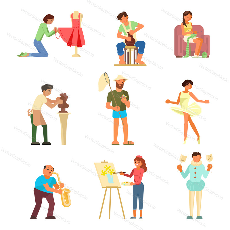 Group of people enjoying their hobbies vector flat illustration. Sewing, pottery, knitting, sculpting, butterfly collecting, ballet dancing, playing saxophone, painting and amateur theater.