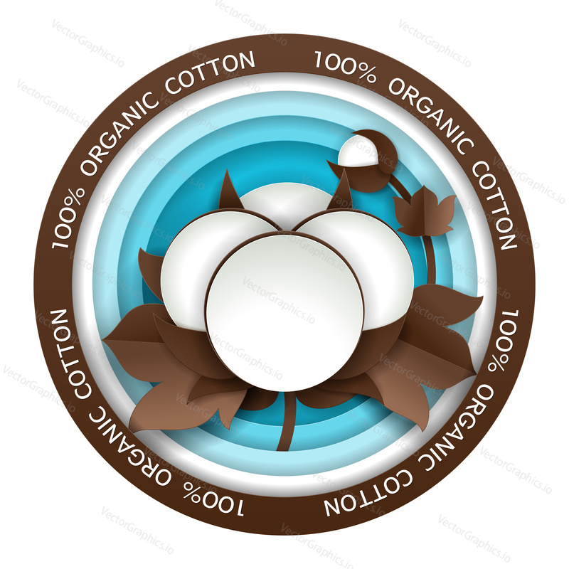 Organic cotton round paper cut emblem. Vector illustration in paper art style. Organic cotton production logo, sticker, label.