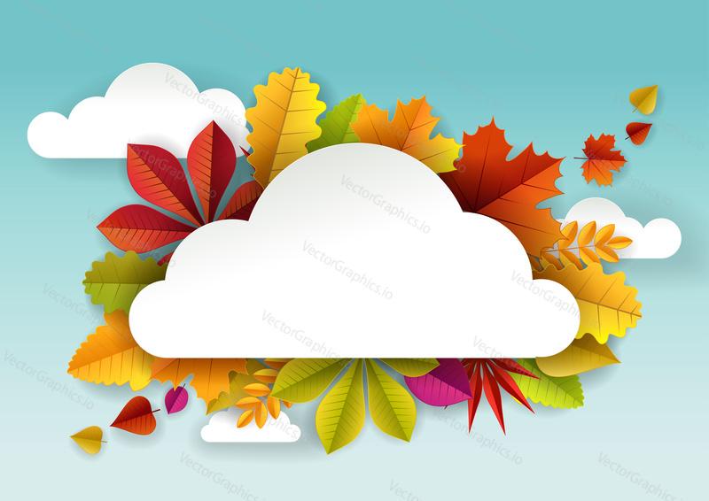 Vector paper cut autumn leaves and cloud shaped frame with space for text. Origami autumn frame template.
