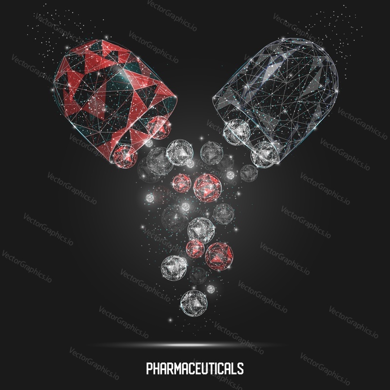 Vector polygonal art style open pharmaceutical capsule. Low poly wireframe mesh with scattered particles and light effects on grey background. Poster banner design template.