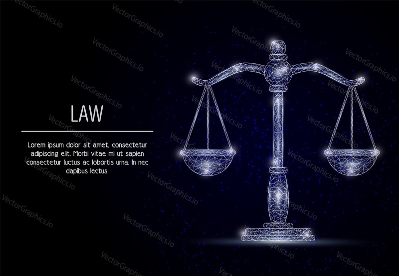 Векторные многоугольные художественные весы в стиле правосудия. Низкополигональная каркасная сетка с рассеянными частицами и световыми эффектами на темно-синем фоне. Шаблон баннера плаката концепции закона с пространством для копирования.