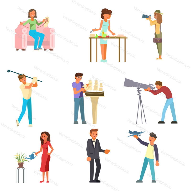 Group of people enjoying their hobbies vector flat illustration. Embroidery, cooking, photography, sport, model ships and airplanes, astronomy, flower gardening, karaoke.