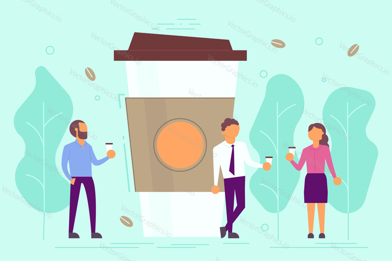 Coffee break concept vector illustration. Group of business people drinking coffee while talking to each other next to big disposable cup. Flat style design.