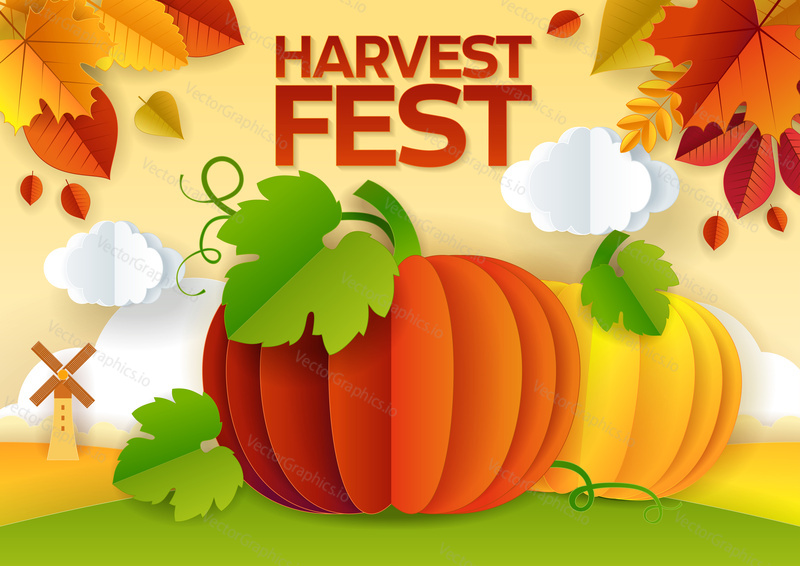 Плакат фестиваля урожая, шаблон дизайна баннера. Вырезанные из векторной бумаги тыквы, осенние листья, облака, ветряная мельница и надписи на празднике урожая