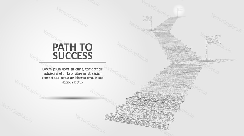 Vector polygonal art style stairway with flags. Low poly wireframe mesh. Path to success business concept poster banner design template with copy space.