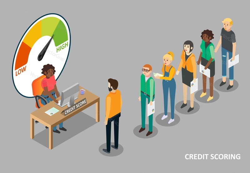 Credit scoring vector flat isometric illustration. People waiting in queue for getting personal credit score information.