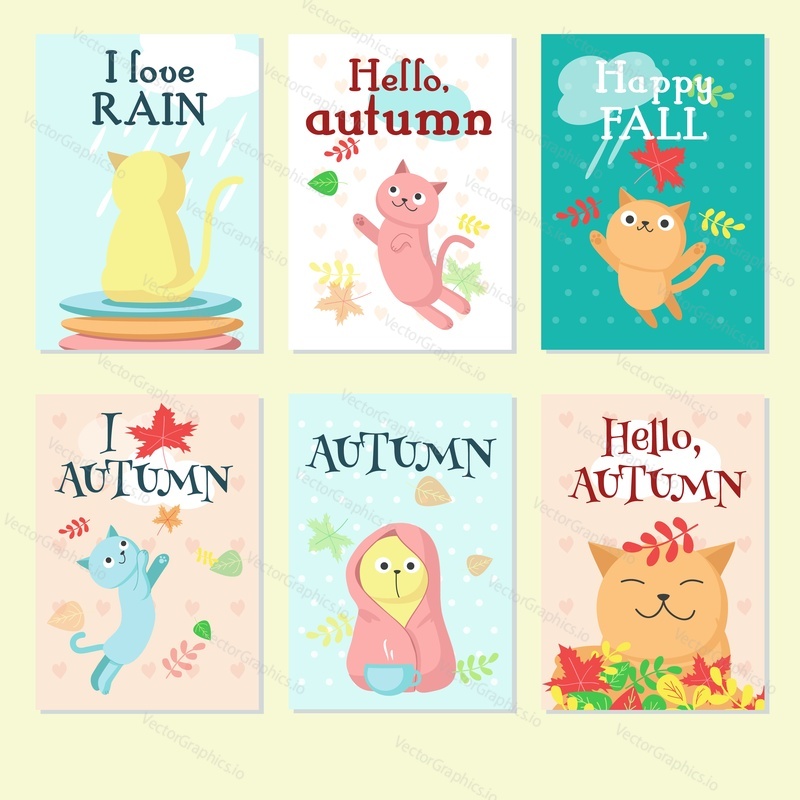 Autumn card set, vector illustration. Funny cats with Autumn, Hello autumn, Happy fall, I love autumn, I love rain handwritten quotations.