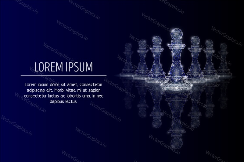Vector polygonal art pawn chess pieces, one pawn is in front of others. Low poly wireframe mesh with scattered particles and light effects on dark blue background. Leadership poster banner template.