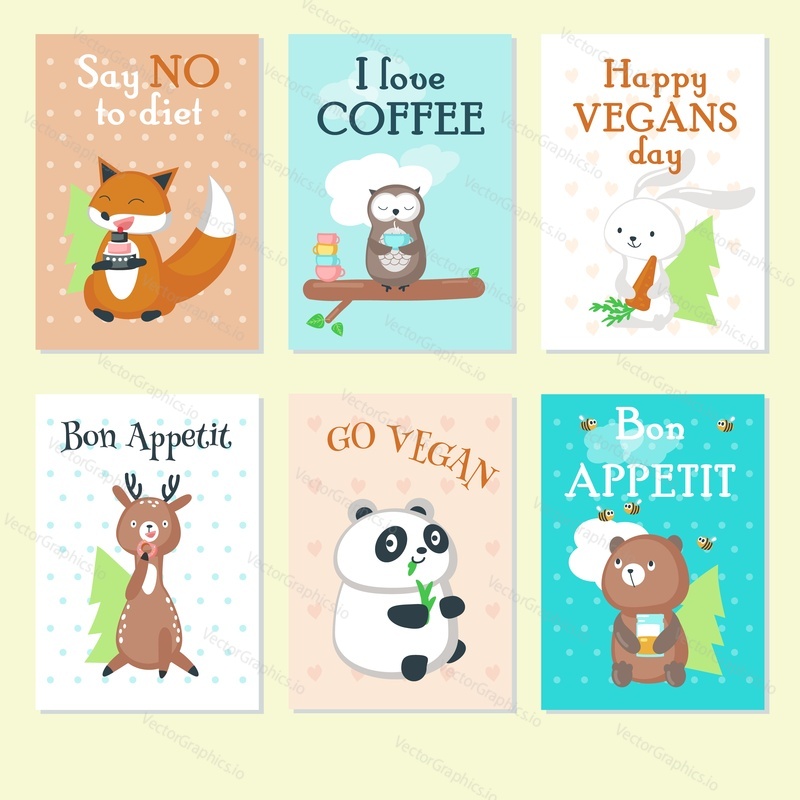 Vector set of cards with cute wild animals and handwritten inspirational quotations. Funny fox, bear, owl, rabbit, young deer and panda eating their favourite food.