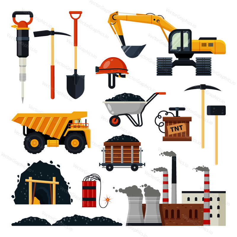 Coal mining icon set. Vector illustration of coal mining tools and equipment isolated on white background. Flat style design.