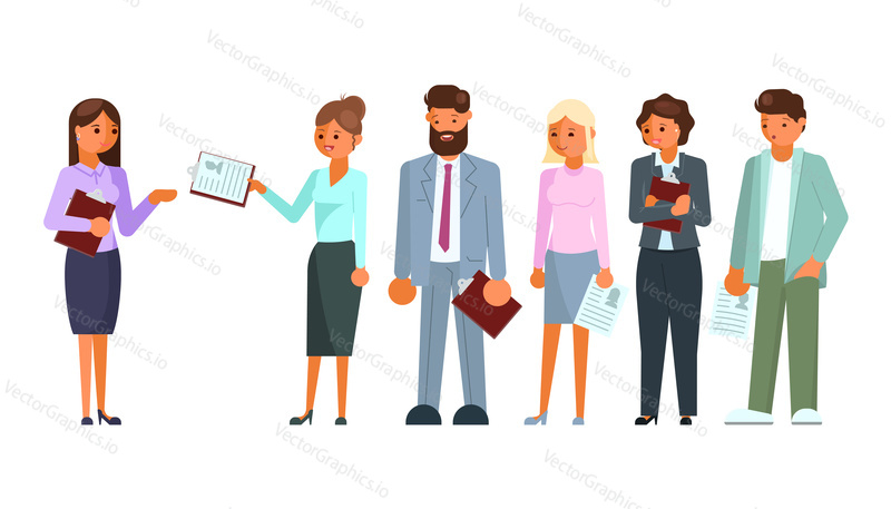 Recruitment process concept vector illustration isolated on white background. People with cv resume waiting in line for job interview. Flat style design.