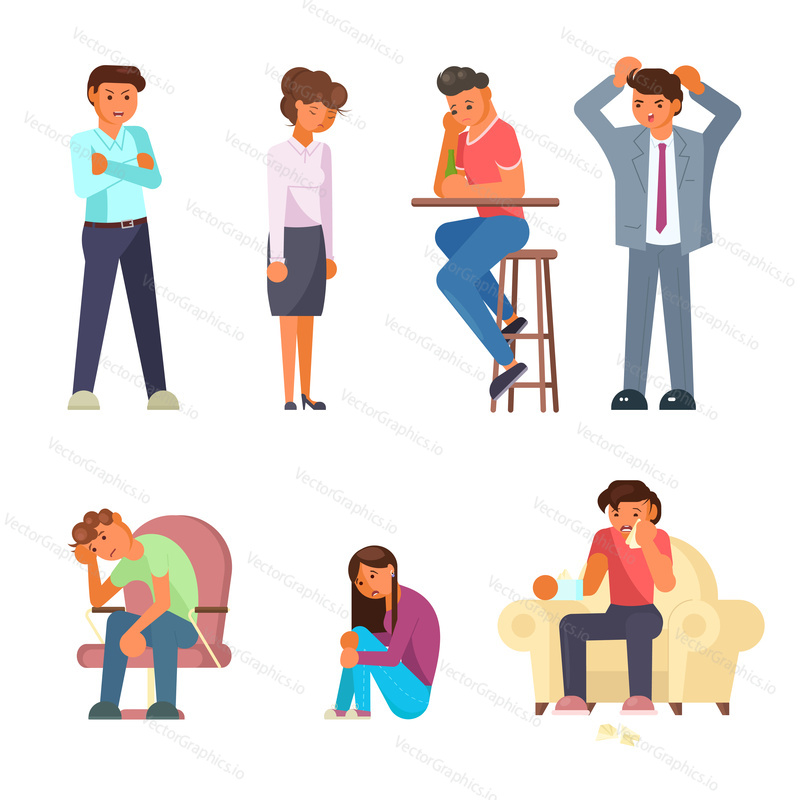 Depressed people icon set. Vector flat style design illustration isolated on white background. Overloaded, exhausted, stressed and dismissed office workers and others.