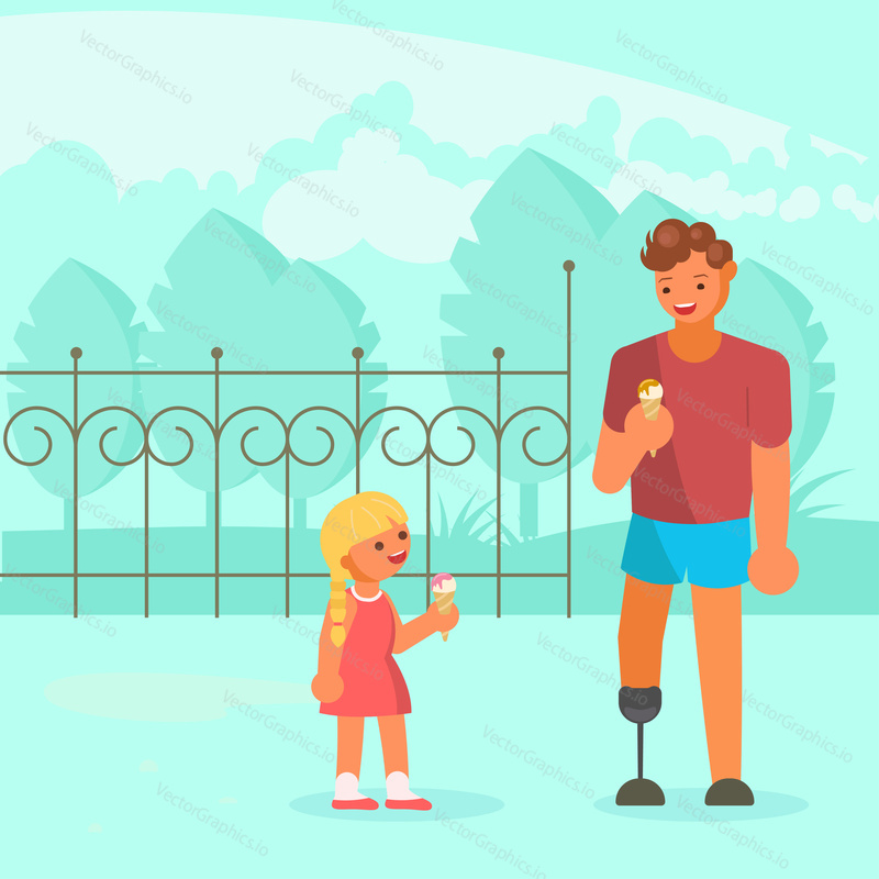 Disabled man with artificial leg prosthesis walking with his daughter in park and eating ice cream. Vector flat style design illustration.