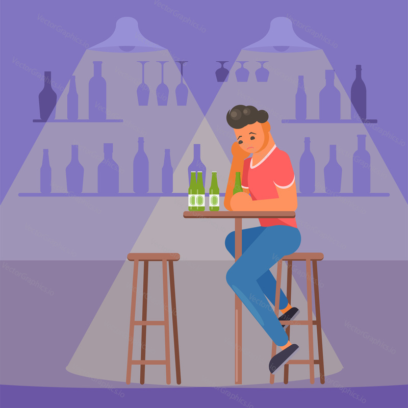 Depressed young man sitting at bar counter and drinking beer. Vector flat style design illustration.