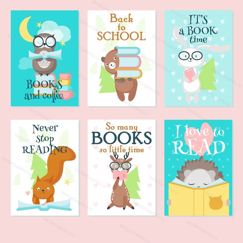 Vector set of cards with cute wild animals and handwritten inspirational quotations. Vector illustration of funny animals squirrel, hedgehog, owl, bear, rabbit and deer reading books.