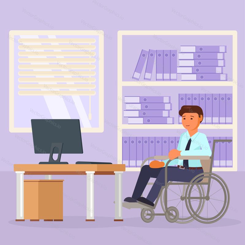 Vector illustration of disabled man in wheelchair working at office. Flat style design.