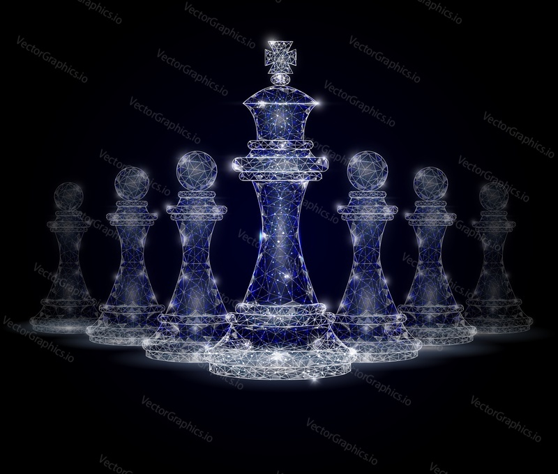 Vector polygonal art king chess piece staying ahead of chess pawns. Low poly wireframe mesh with scattered particles and light effects on dark blue background. Teamwork concept poster banner template.