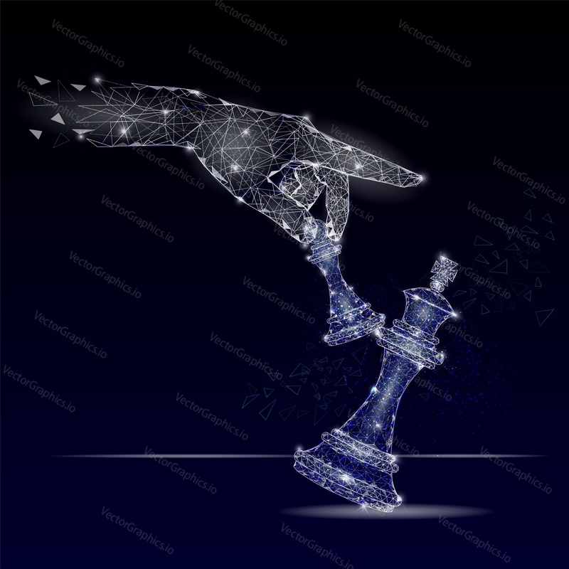 Vector polygonal art style human hand holding pawn knocking down king chess piece. Low poly wireframe mesh with scattered particles and light effects. Business checkmate poster banner template.