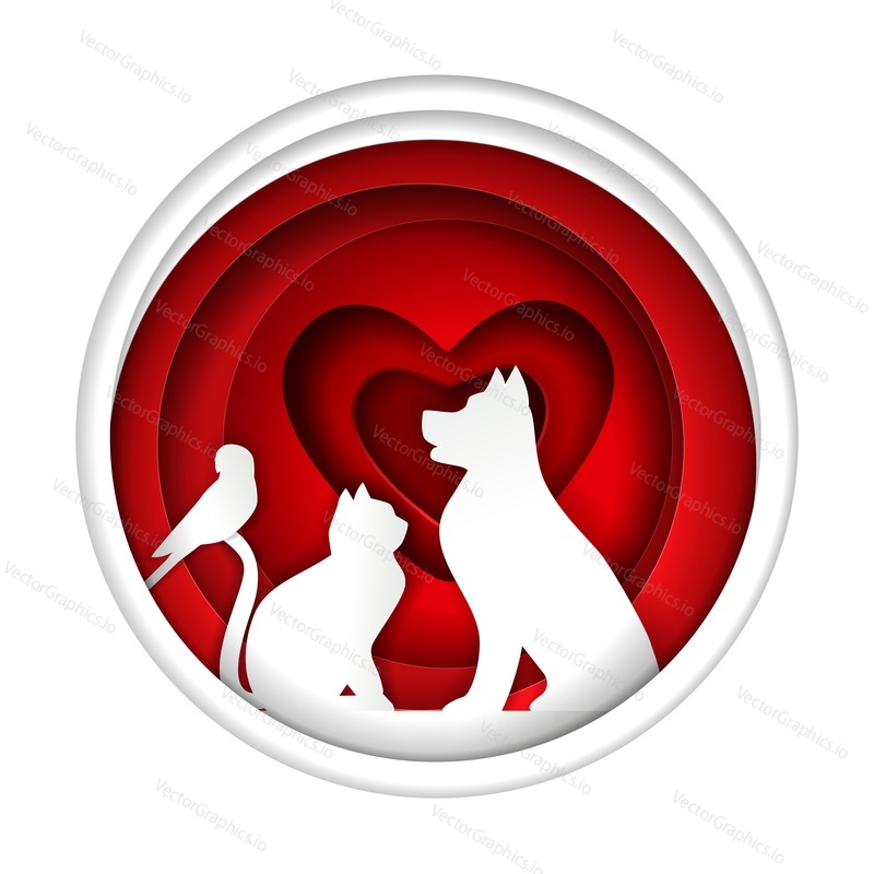 Dog, cat and parrot silhouettes in red circle frame with heart shape. Vector paper art illustration. Paper cut veterinary pet shop logo design template.