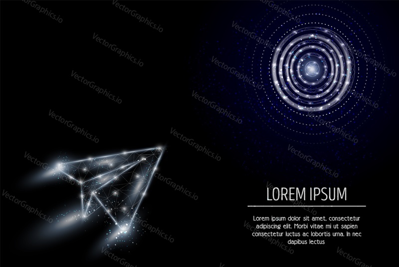 Vector polygonal art paper airplane flying towards the goal. Low poly wireframe mesh with dots, light effects on dark blue background. Target destination concept poster banner template with copy space
