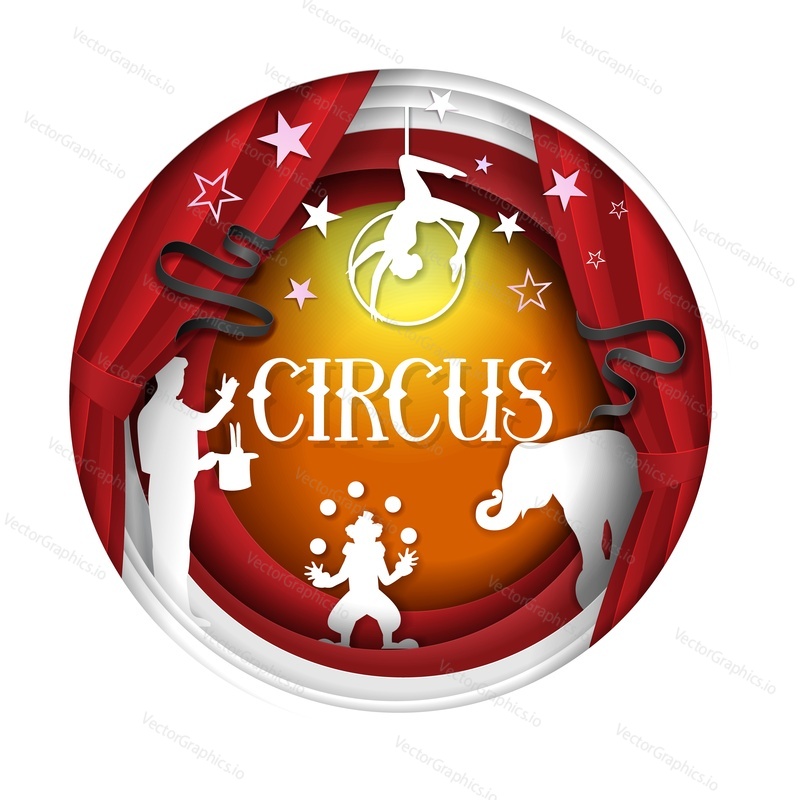 Circus poster banner design template. Vector paper cut circus arena decorations with aerial acrobatic, magician, trained elephant, clown juggler show in circle frame.