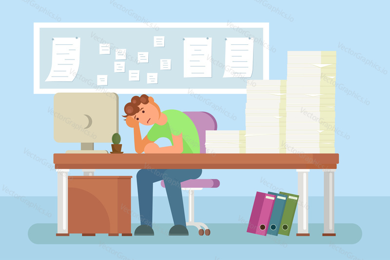 Depressed young man sitting at office table full of documents. Vector flat style design illustration. Overloaded, exhausted office worker because of doing paperwork.