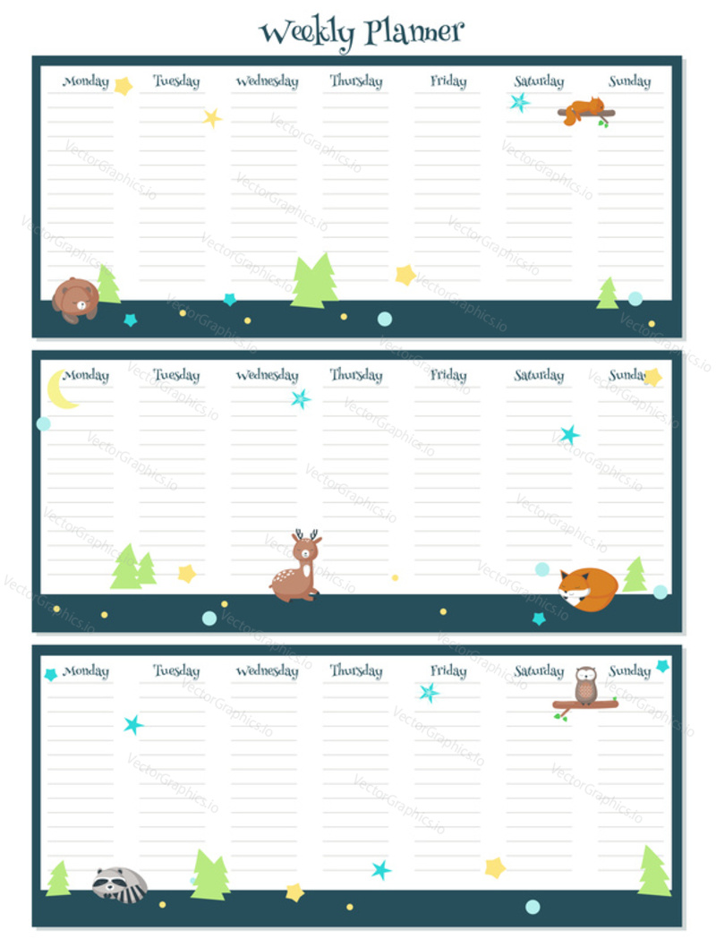 Weekly planner vector template with cute sleeping animals squirrel, bear, deer, fox, raccoon, owl. Organizer and schedule with place for notes.