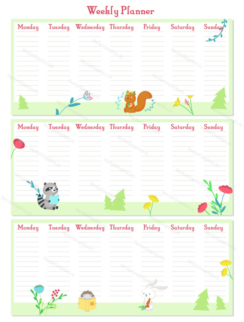 Weekly planner vector template with cute animals squirrel, hedgehog, rabbit, raccoon and floral design. Organizer and schedule with place for notes.