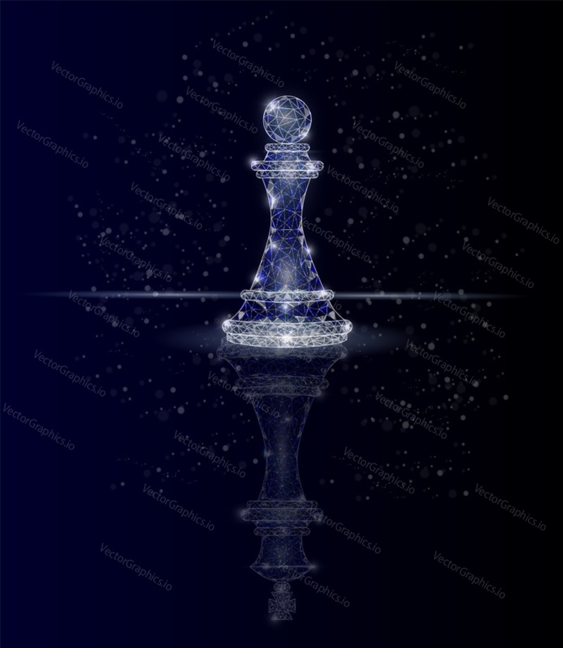 Vector polygonal art style chess pawn with chess king shadow. Low poly wireframe mesh with scattered particles and light effects on dark blue background. Ambition concept poster banner design template