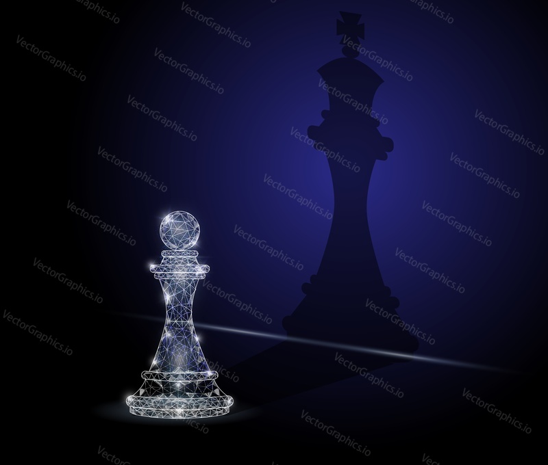 Vector polygonal art style chess pawn with chess king shadow. Low poly wireframe mesh with scattered particles and light effects on dark blue background. Ambition concept poster banner design template