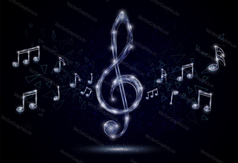 Vector polygonal art style treble clef with musical notes. Low poly wireframe mesh with scattered particles and light effects on dark blue background. Music poster banner design template.
