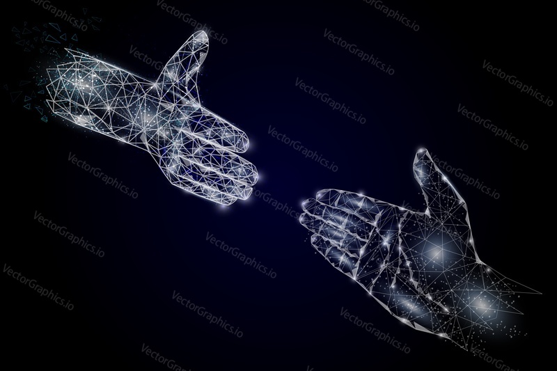 Vector polygonal art style human hands. Low poly wireframe mesh with scattered particles and light effects on dark blue background. Handshake concept poster banner design template.