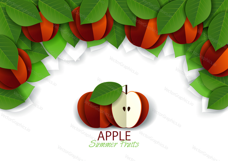Ripe fresh red apple fruit background, frame. Vector paper art illustration. Packaging label design template.